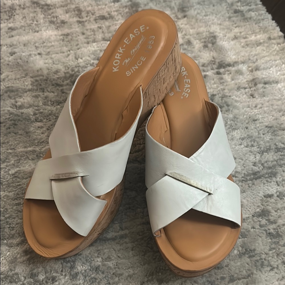Kork-Ease White and Tan Heeled Sandals